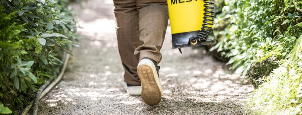 "Homme marche sur un chemin avec une désherbeuse, un appareil d'AVIS MM Environnement pour désherber."