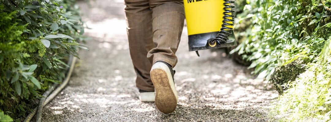 "Homme marche sur un chemin avec une désherbeuse, un appareil d'AVIS MM Environnement pour désherber."