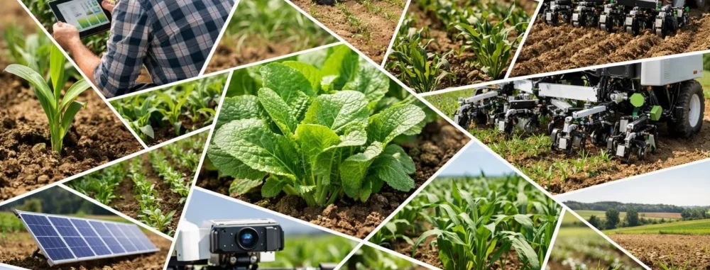 Investissement désherbage alternatif 2026 : collage d'un robot, agriculteur avec tablette, cultures saines.