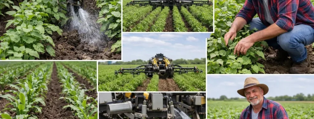 Collage photo d'une désherbeuse hydraulique agricole en action, cultures saines et fermier satisfait. Révolution verte.