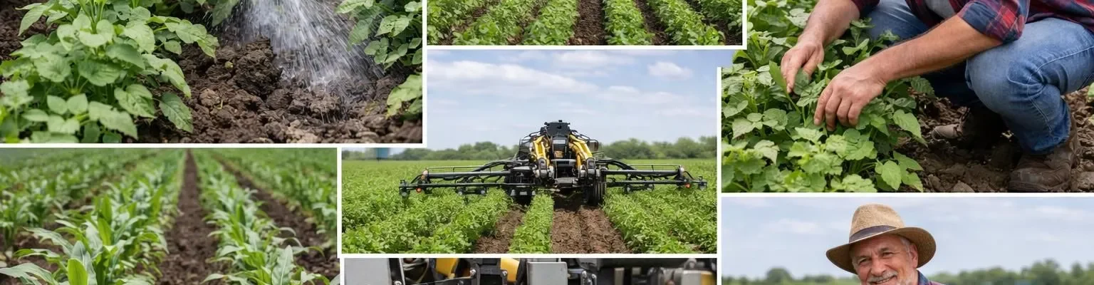Collage photo d'une désherbeuse hydraulique agricole en action, cultures saines et fermier satisfait. Révolution verte.