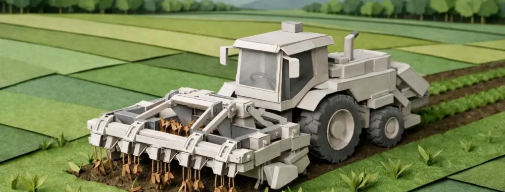 Machine désherbage grandes surfaces en style paper craft, agissant sur un vaste champ verdoyant pour un entretien écologique.