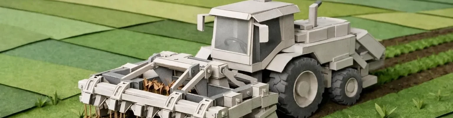 Machine désherbage grandes surfaces en style paper craft, agissant sur un vaste champ verdoyant pour un entretien écologique.