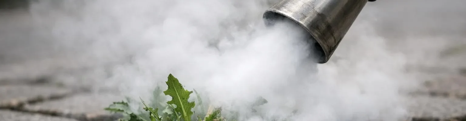Quelle solution désherbage pour collectivité? Désherbage thermique écologique de mauvaises herbes urbaines entre pavés.