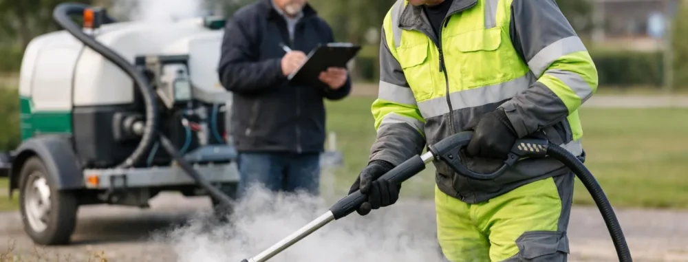 Désherbage vapeur collectivités : évaluation terrain avec inspecteur et agent municipal utilisant un désherbeur à vapeur.