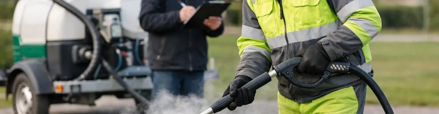 Désherbage vapeur collectivités : évaluation terrain avec inspecteur et agent municipal utilisant un désherbeur à vapeur.