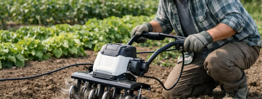 Bineuse mécanique à dents vibrantes en usage dans un champ, outil de jardinage pour désherber les légumes.