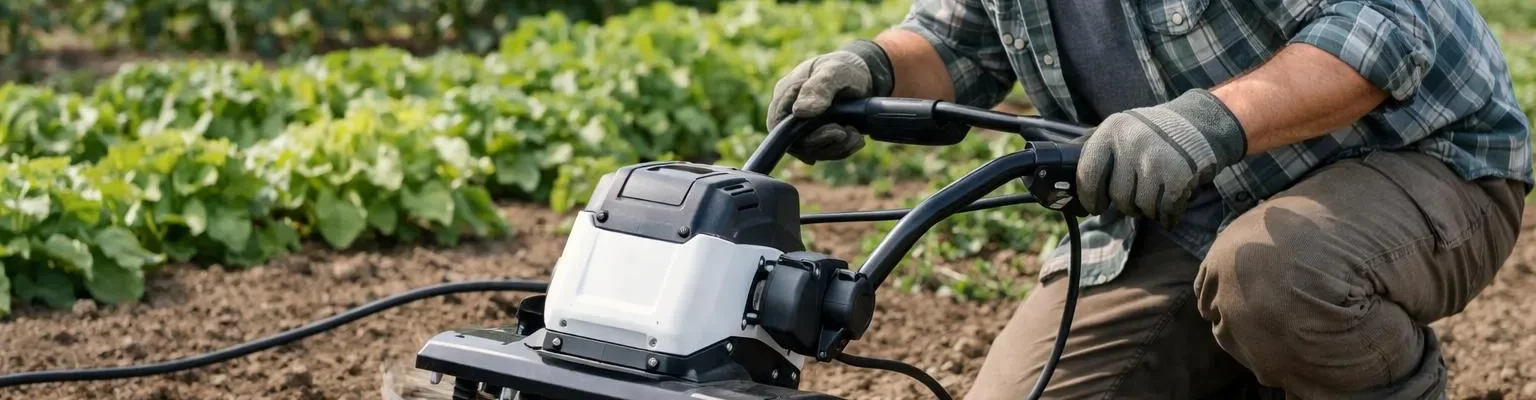 Bineuse mécanique à dents vibrantes en usage dans un champ, outil de jardinage pour désherber les légumes.