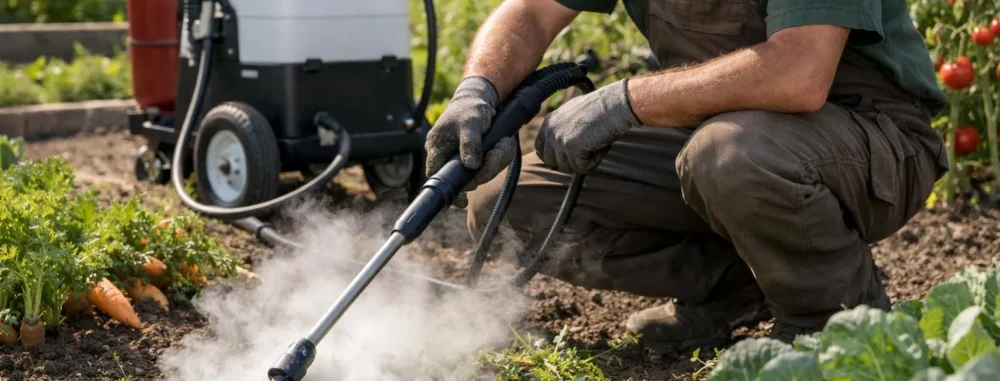 "Kit désherbage vapeur professionnel en action, éliminant les mauvaises herbes dans un jardin potager"