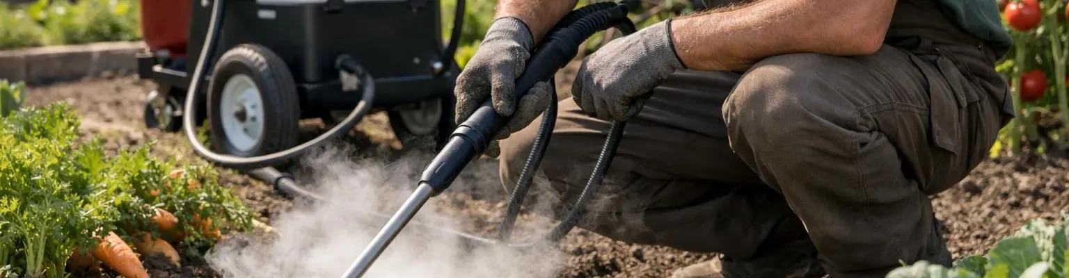 "Kit désherbage vapeur professionnel en action, éliminant les mauvaises herbes dans un jardin potager"