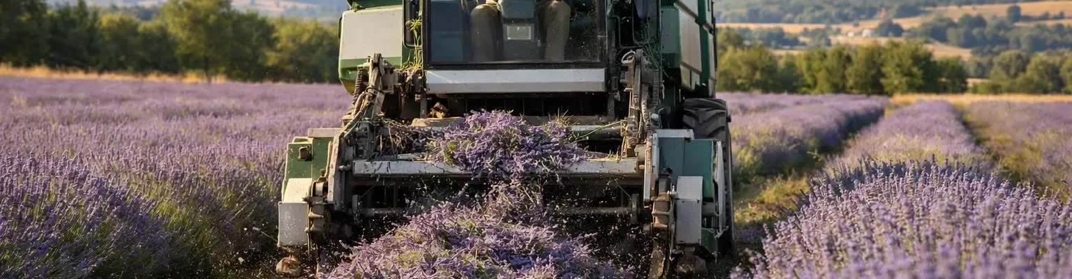 "Matériel pour récolte lavande en Provence, faucheuse dans un champ de lavande"