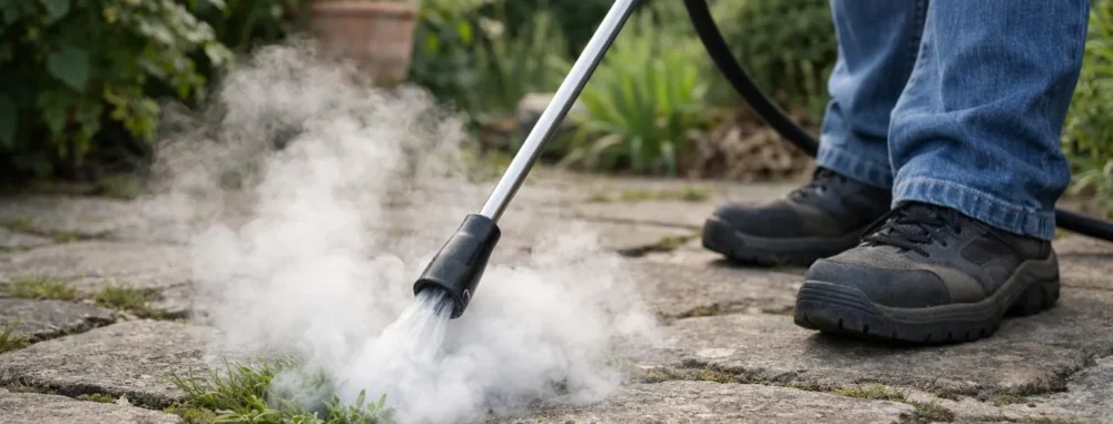 Désherbage à l'eau chaude dans un jardin verdoyant, élimination des mauvaises herbes avec un désherbeur à eau chaude.