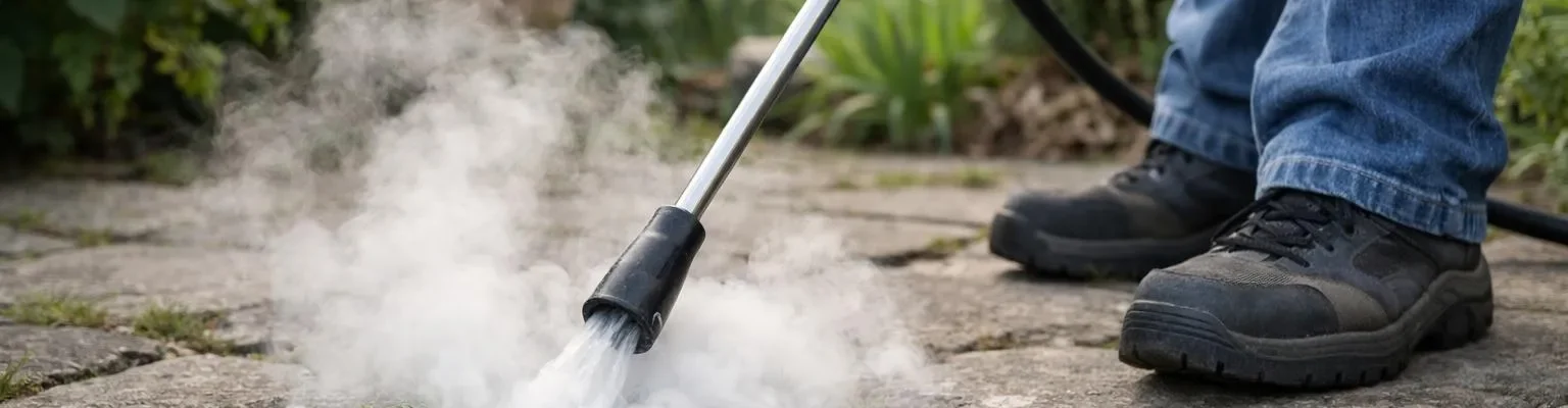 Désherbage à l'eau chaude dans un jardin verdoyant, élimination des mauvaises herbes avec un désherbeur à eau chaude.