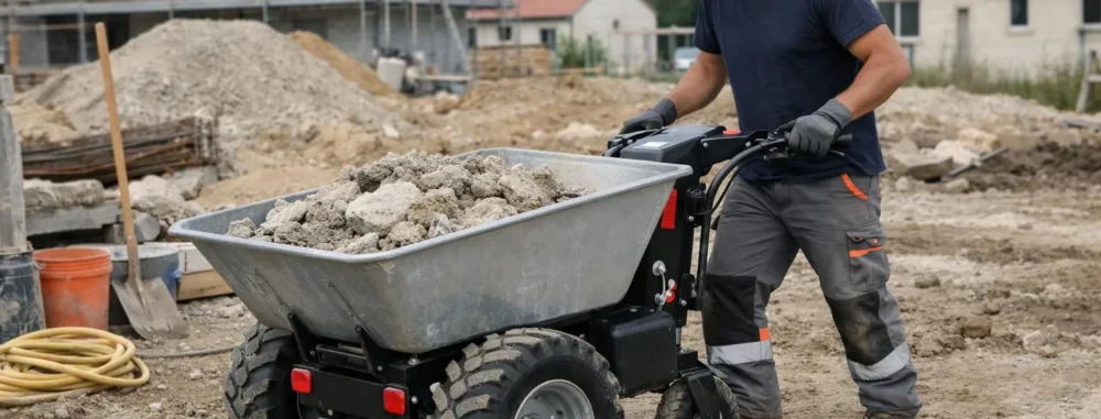 Fabricant brouette électrique en France, un ouvrier utilise une brouette électrique sur un chantier.
