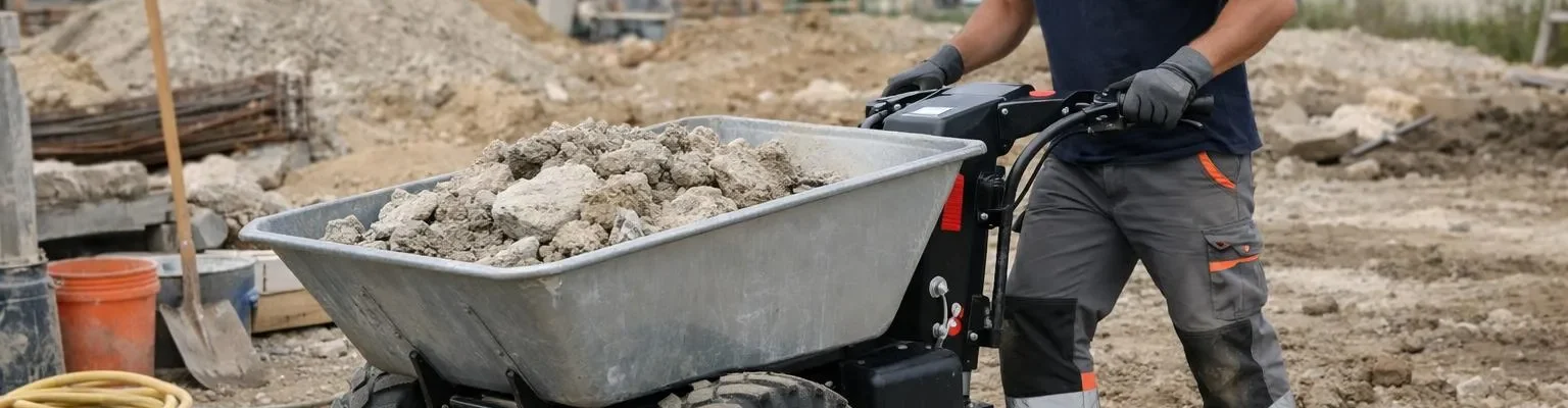Fabricant brouette électrique en France, un ouvrier utilise une brouette électrique sur un chantier.