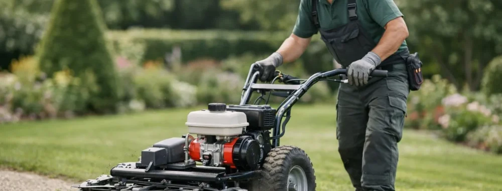 Machine à désherber mécanique en action dans un jardin professionnel, avec un jardinier qui utilise l'appareil pour enlever l