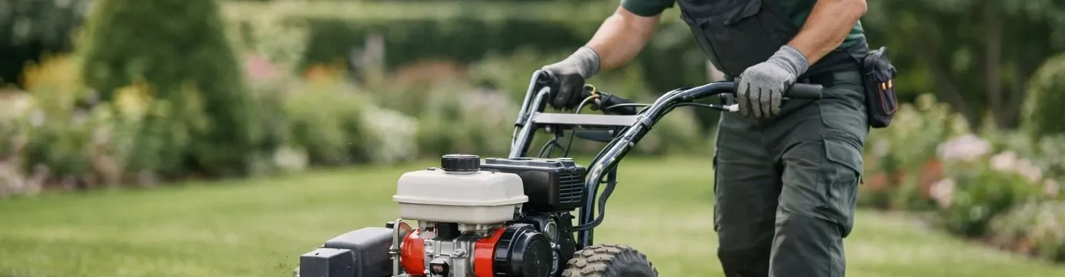 Machine à désherber mécanique en action dans un jardin professionnel, avec un jardinier qui utilise l'appareil pour enlever l