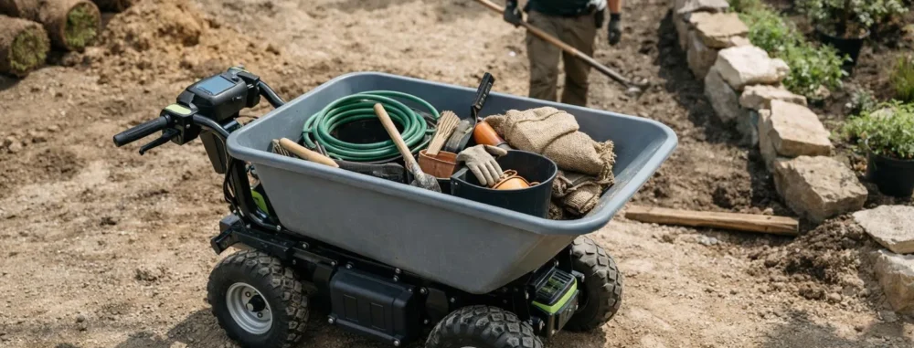 Brouette électrique professionnelle en action dans un chantier de jardinage