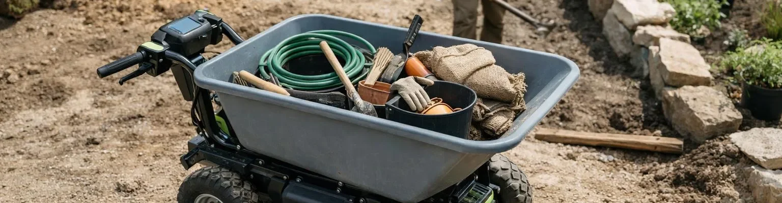 Brouette électrique professionnelle en action dans un chantier de jardinage