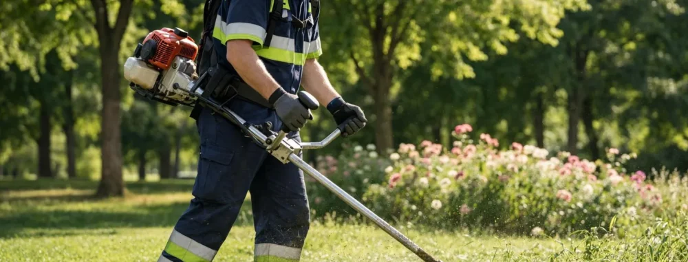 Agent municipal utilisant un matériel de désherbage à Lyon pour entretien espace vert.
