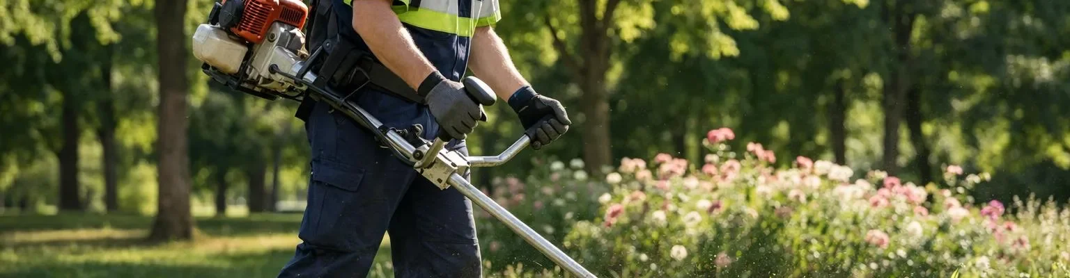 Agent municipal utilisant un matériel de désherbage à Lyon pour entretien espace vert.