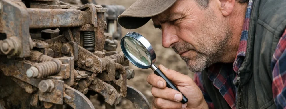 "Bineuse mécanique d'occasion en inspection, loupe en main, dans un champ labouré"