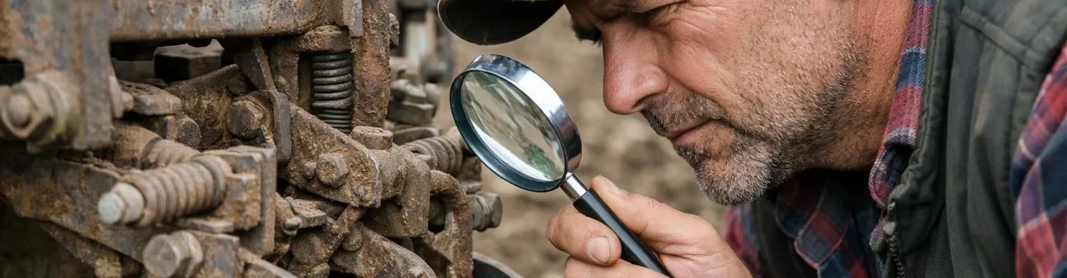 "Bineuse mécanique d'occasion en inspection, loupe en main, dans un champ labouré"