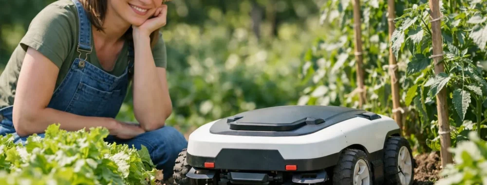 Femme utilisant un robot désherbeur électrique dans son jardin