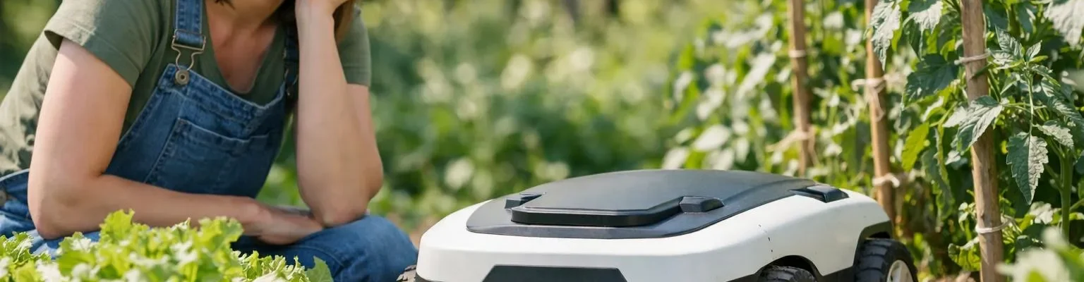 Femme utilisant un robot désherbeur électrique dans son jardin