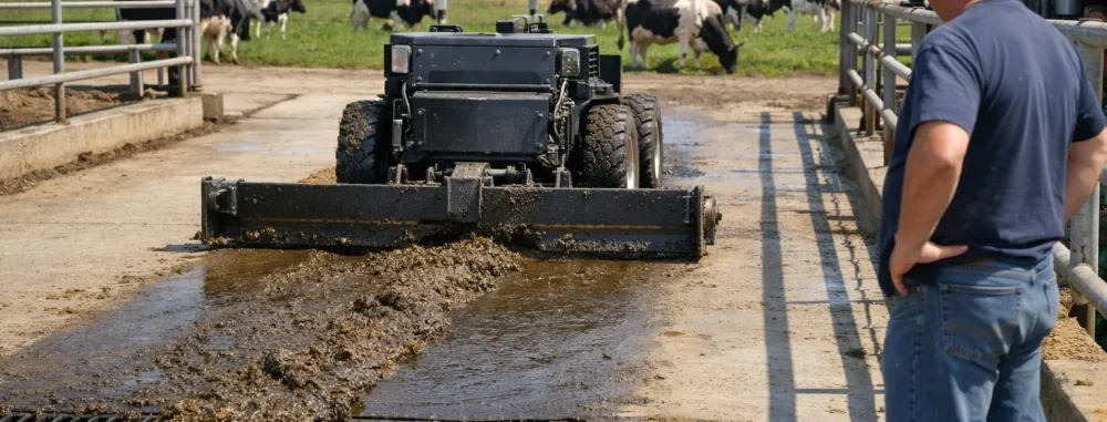 Racleur à lisier automatique bovin en action dans une ferme, évacuant les déjections vers un système de collecte.