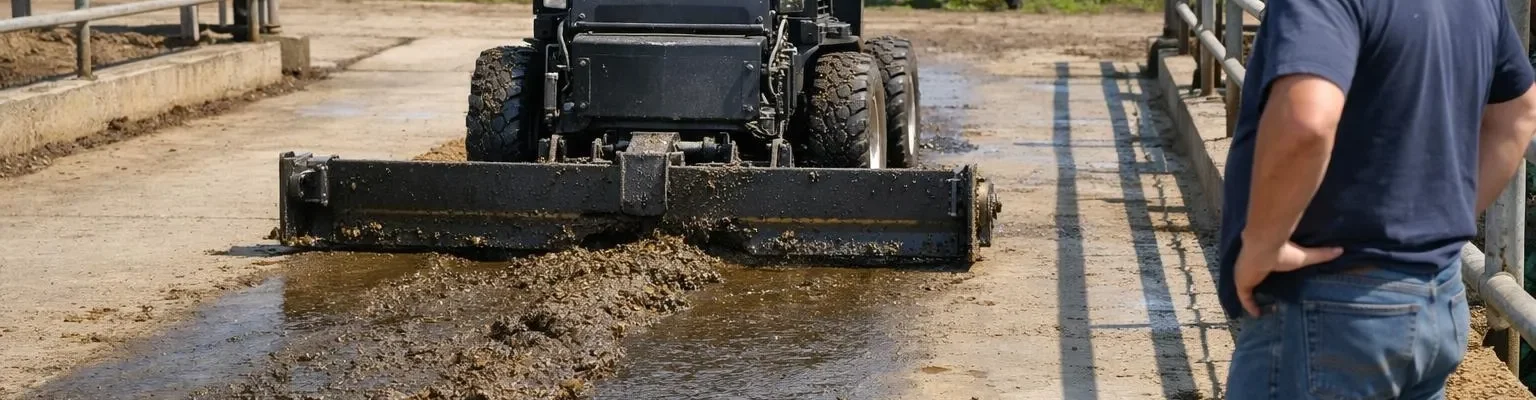 Racleur à lisier automatique bovin en action dans une ferme, évacuant les déjections vers un système de collecte.