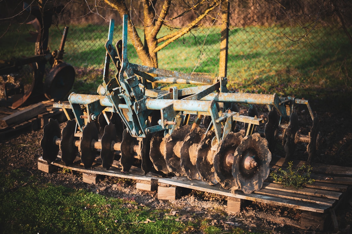 Vieux cultivateur de sol rouillé dans un champ verdoyant.