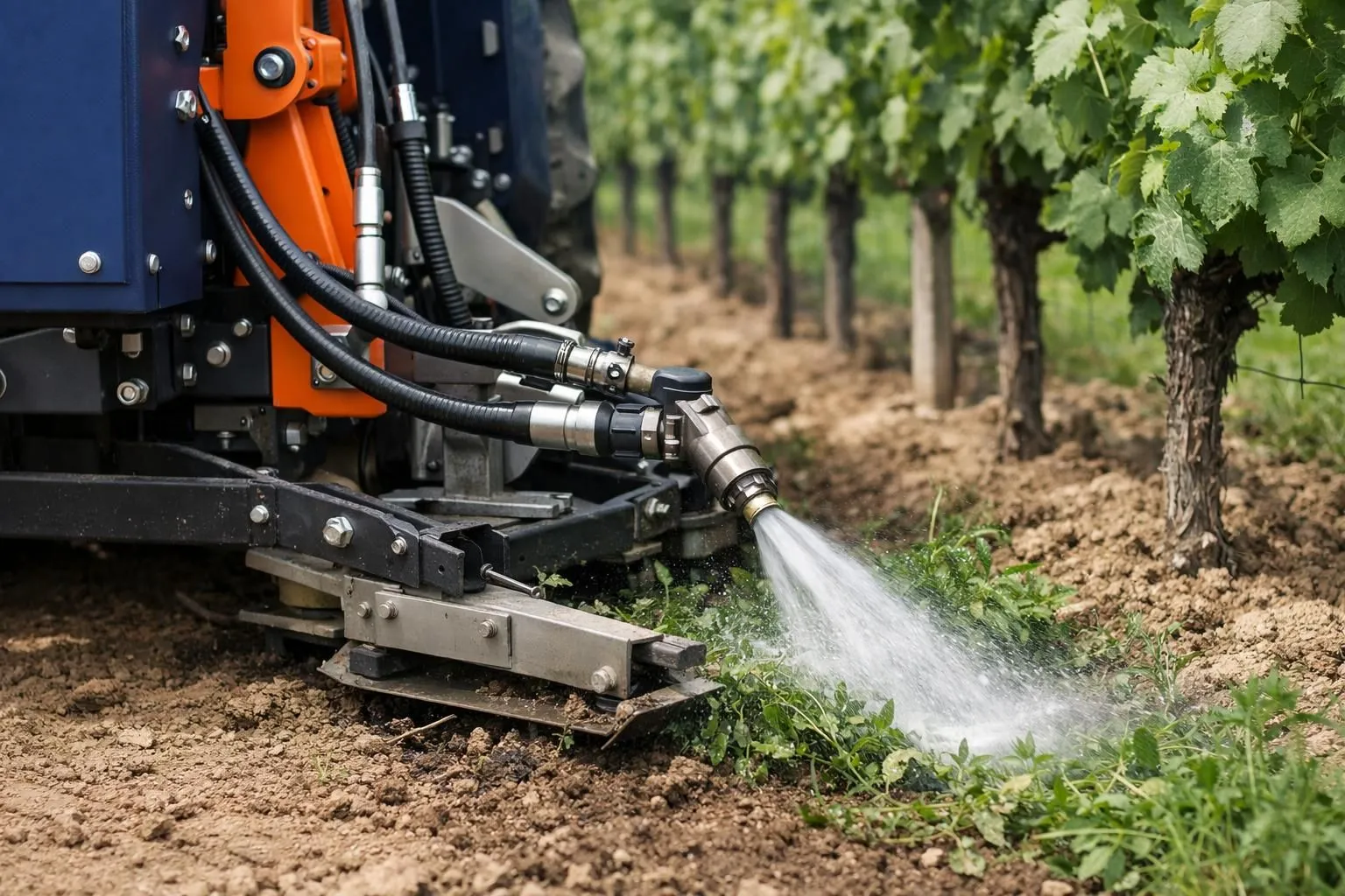 Professional hydraulic weeder machine operating between vineyard rows, close-up of high-pressure water nozzle spraying vegetation base, modern agricultural equipment on French farm, realistic farming scene with green vines and soil