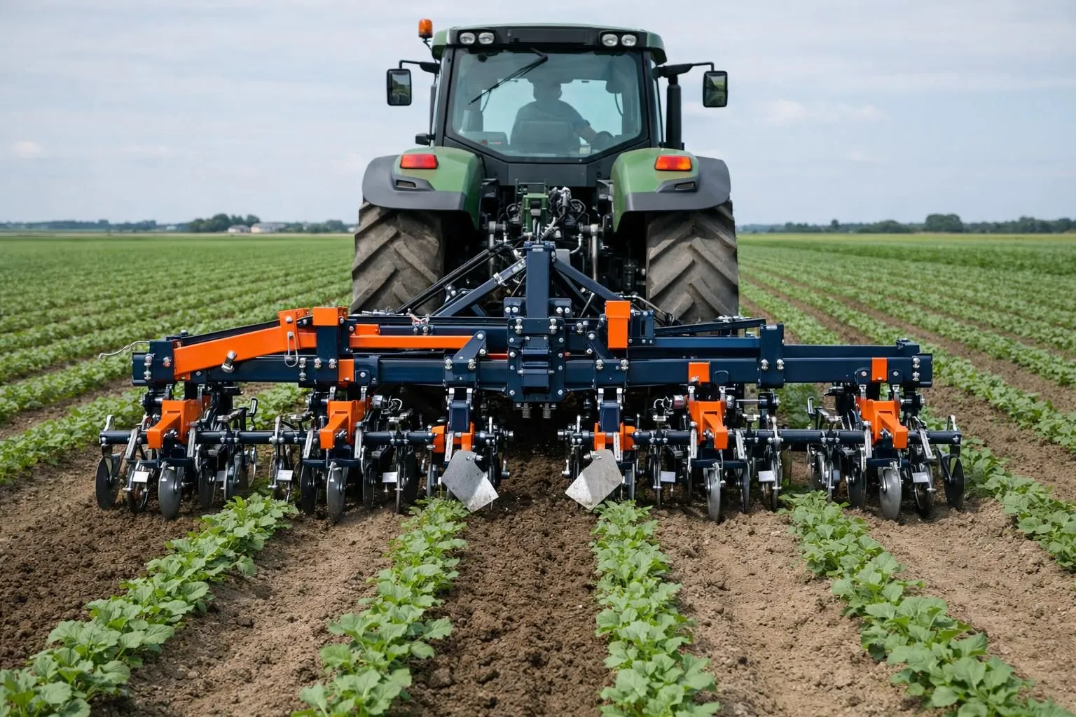 Professional mechanical weeding machine operating on large agricultural field, wide view showing multiple hectares, tractor-mounted equipment with visible weeding tools working on crop rows, realistic daylight conditions, no text or labels
