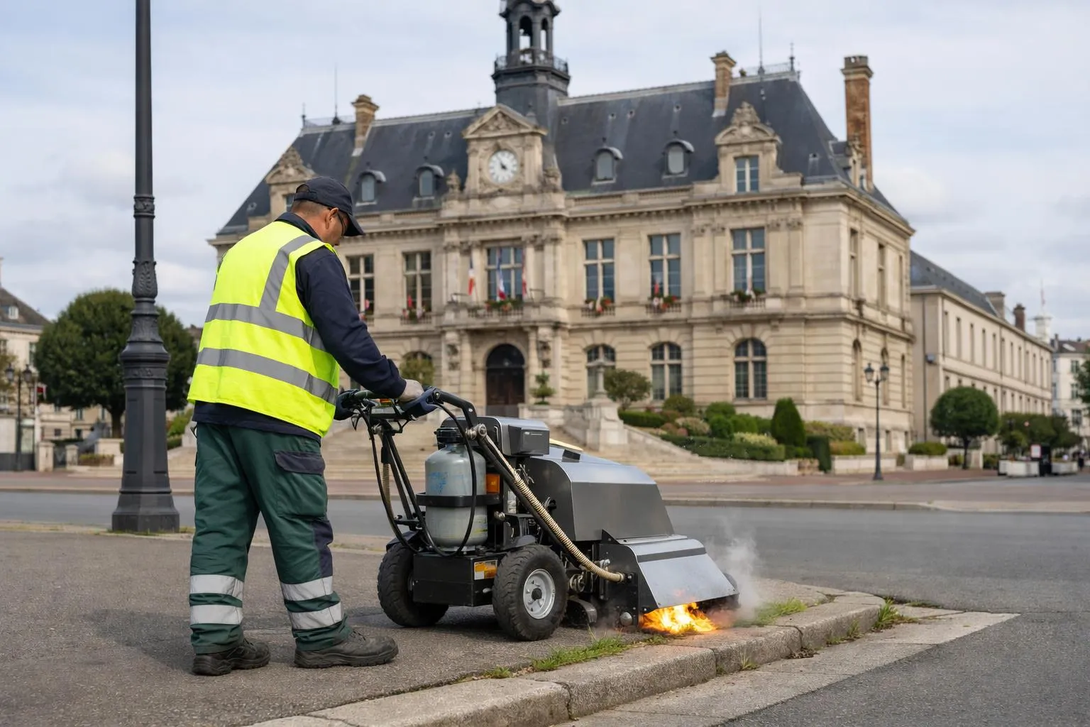Municipal worker in high-visibility vest operating a modern thermal weeding machine on a public sidewalk, with green plants and a historic French town hall building visible in the background, realistic documentary style photography