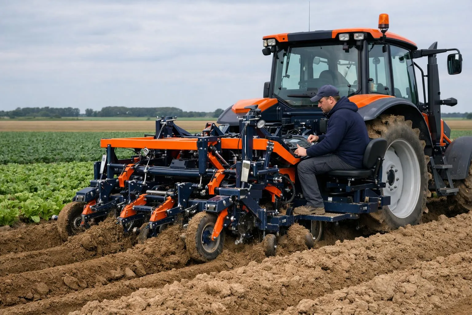 Market gardener operating specialized agricultural machinery in a vegetable field in northern France, professional farming equipment working on clay soil, realistic farming scene with modern equipment, no text or labels