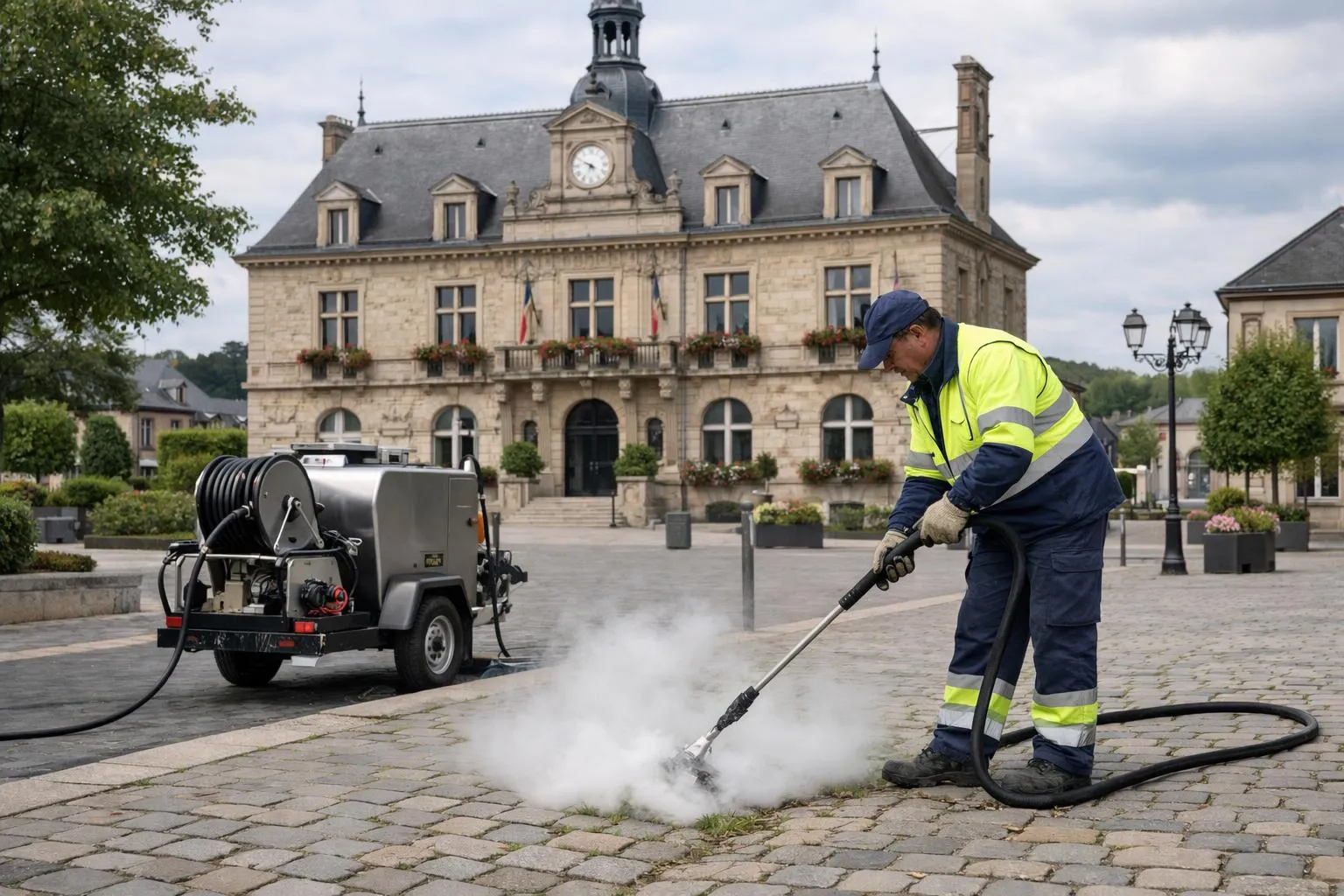Municipal maintenance worker in high-visibility vest operating steam weeding machine on cobblestone sidewalk in front of traditional French town hall building with tricolor flag, realistic documentary style showing practical public space maintenance
