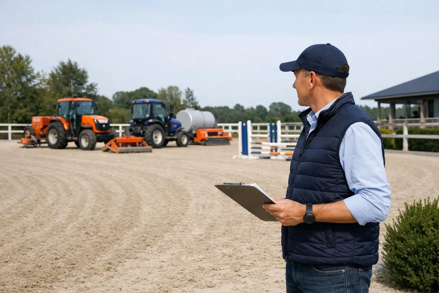 Professional maintaining equestrian riding arena surface with specialized grooming equipment, showing textured sand footing and modern maintenance machinery in action at outdoor facility