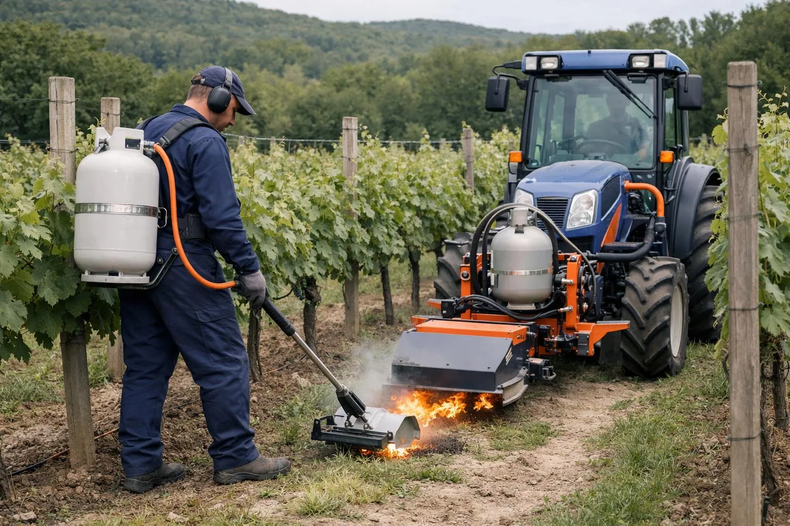 Professional landscaper operating thermal weeding equipment in municipal green space, modern agricultural machinery destroying weeds with heat technology, sustainable urban maintenance concept, no text visible