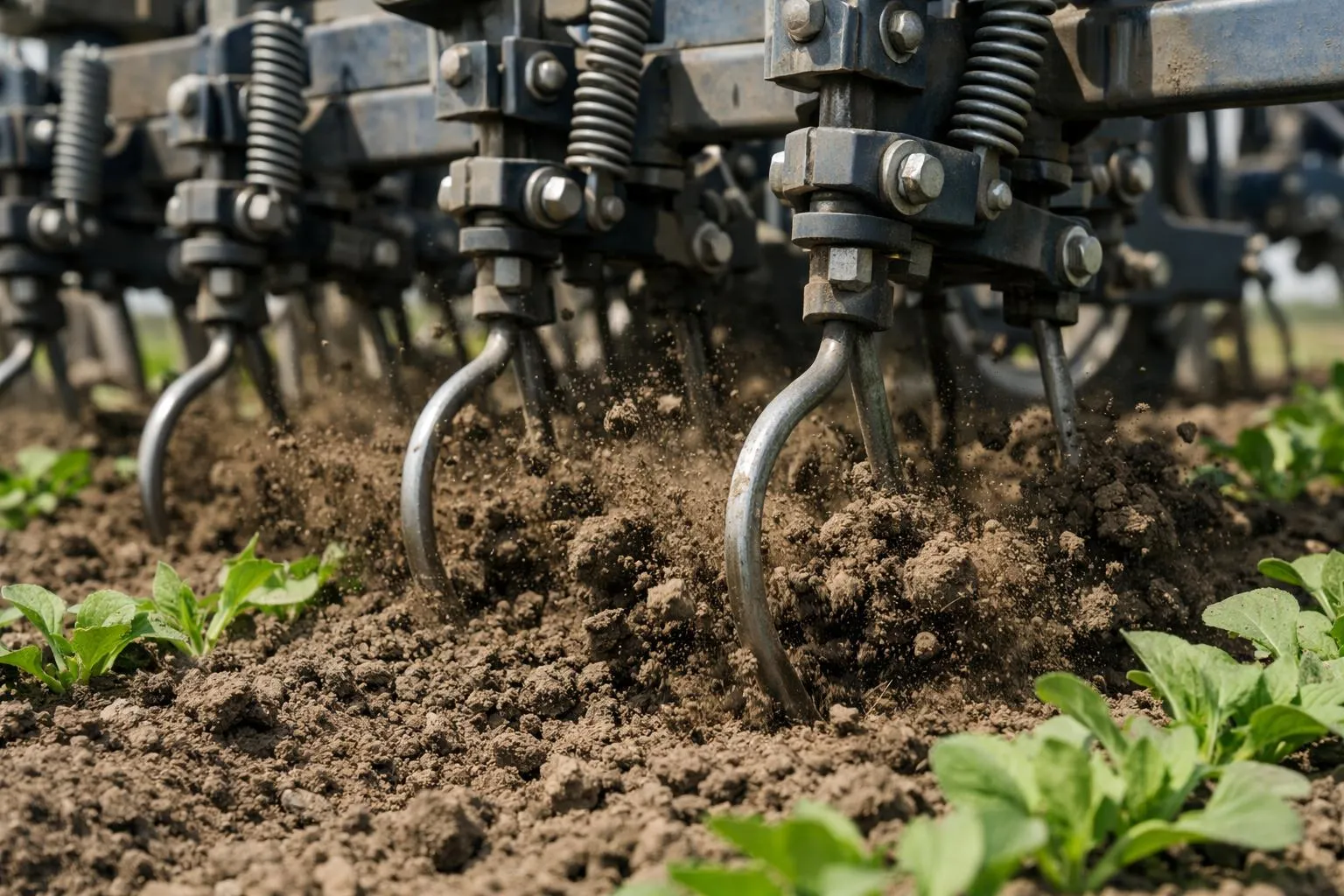 Close-up view of a mechanical vibrating tine weeder working in agricultural field, showing oscillating metal tines penetrating compact soil between crop rows, with soil particles being disturbed around the vibrating tines, realistic agricultural equipment photography in daytime with focus on the mechanical action of the vibrating system