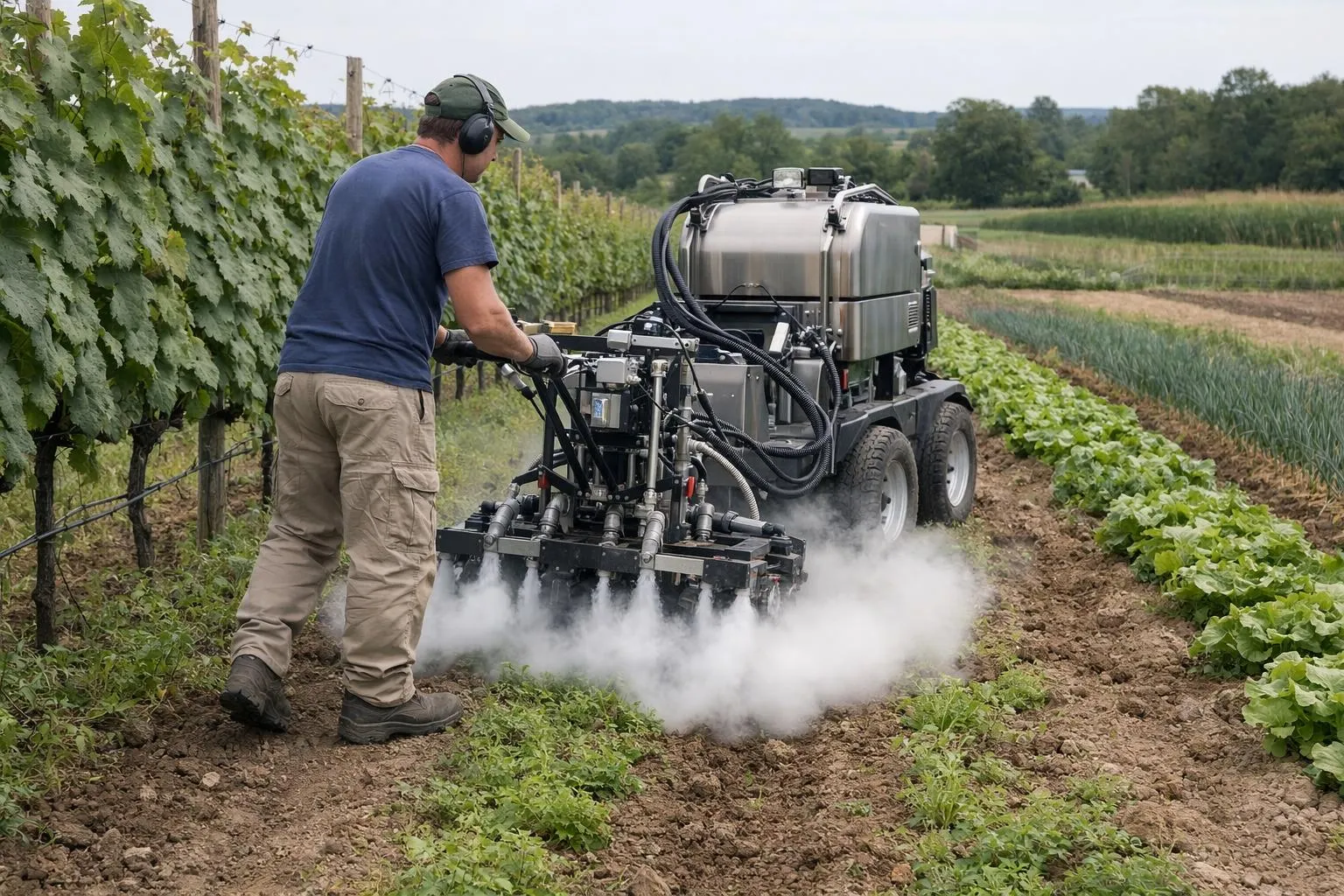 Professional agricultural worker operating a steam weeding machine in a French vineyard or market garden, with visible steam jets targeting weeds between crop rows, modern mechanical equipment, sustainable farming setting, no chemical sprayers visible, daytime outdoor scene