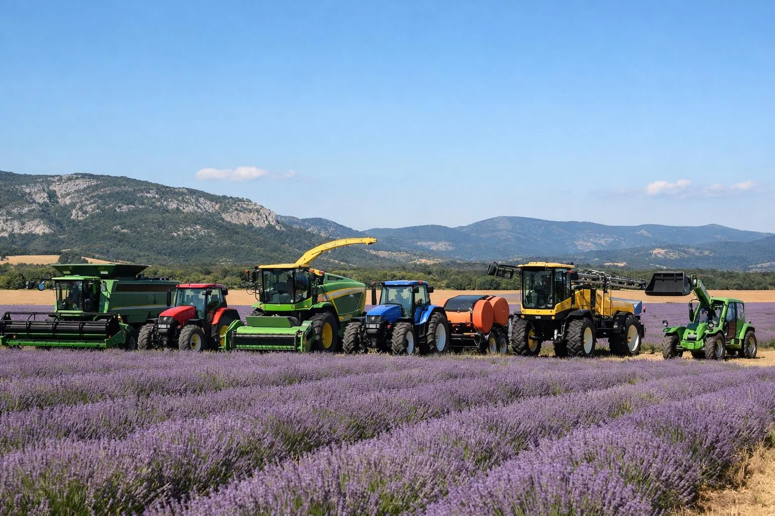 Trois types différents de machines agricoles modernes alignées dans un vaste champ de lavande en fleurs en Provence, montrant une ensileuse polyvalente, une récolteuse spécialisée rouge et une autochargeuse, avec les collines provençales en arrière-plan sous un ciel bleu estival