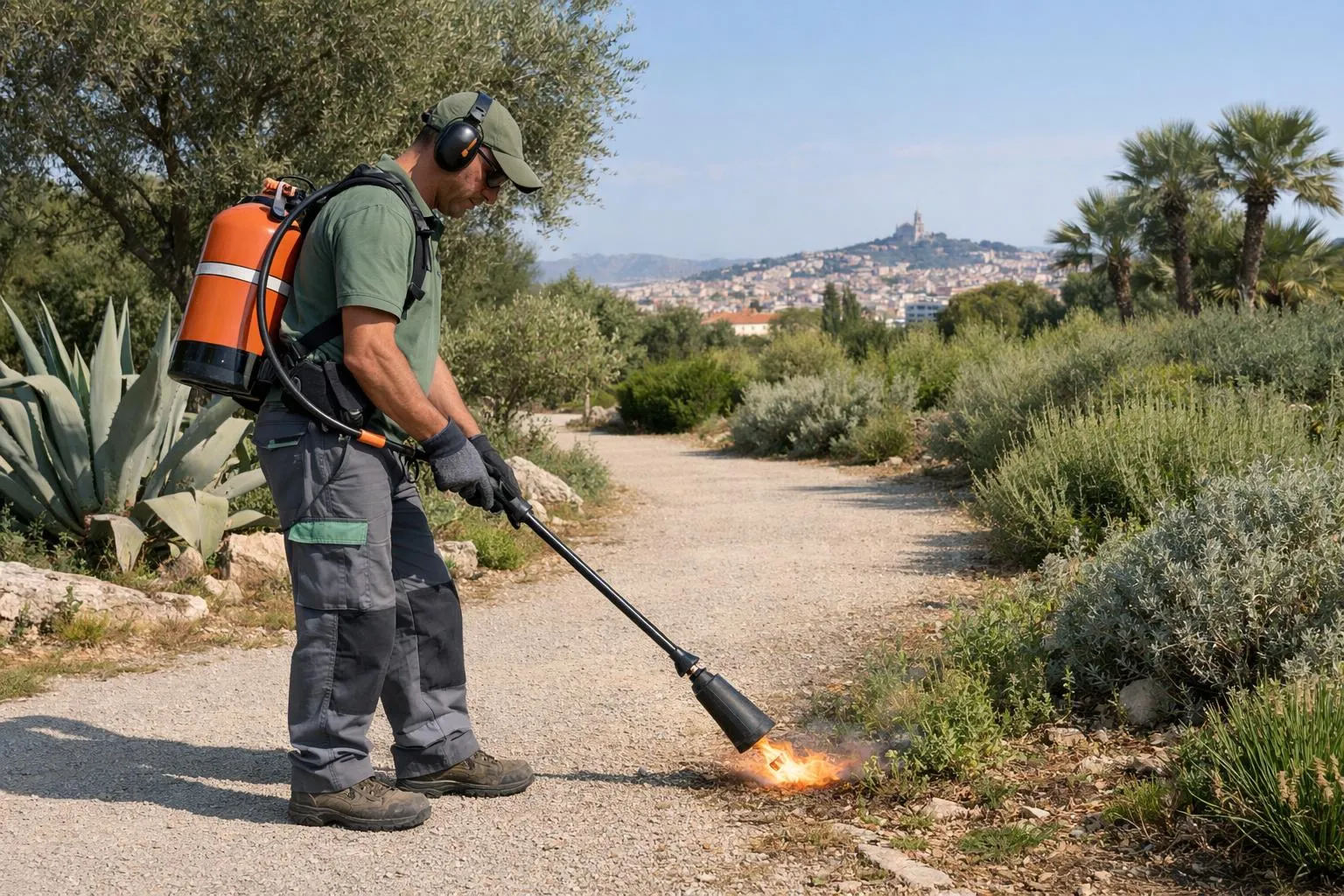 Professional landscaper in work clothes operating a thermal weed control device on a public garden path in Marseille, with Mediterranean vegetation like oleanders and palm trees visible in the background, sunny climate, urban green space maintenance scene without any text or signage
