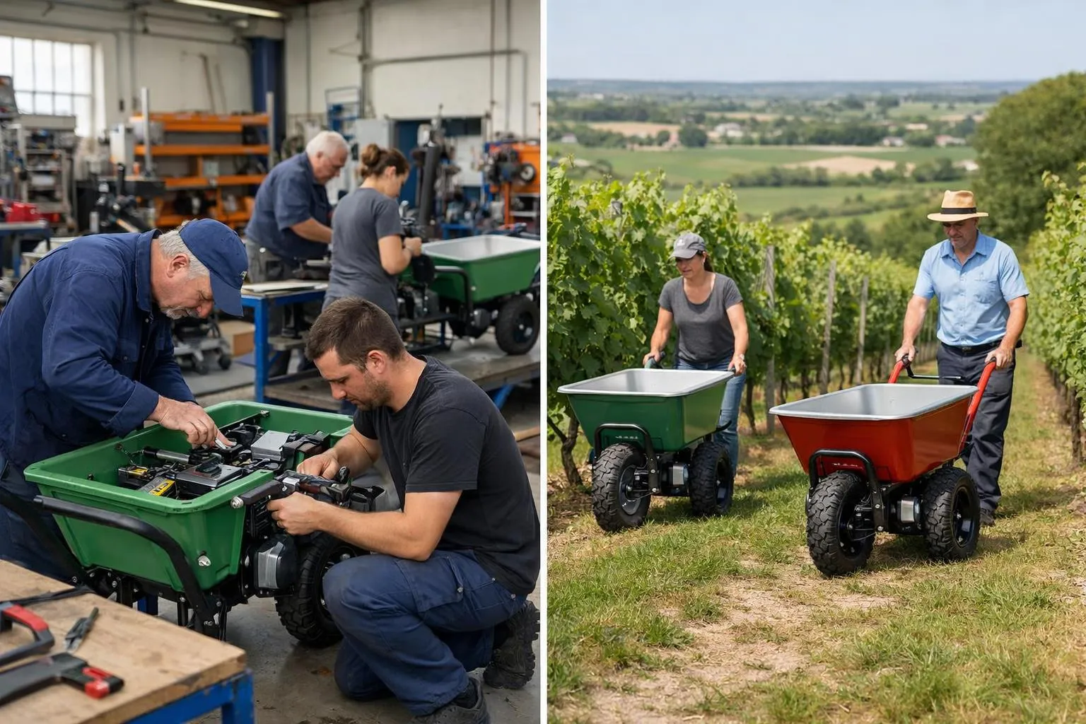 French agricultural machinery manufacturing workshop showing electric wheelbarrows being assembled by skilled workers, with finished models in outdoor testing area featuring vineyard terrain and narrow greenhouse pathways, emphasizing local production and quality craftsmanship