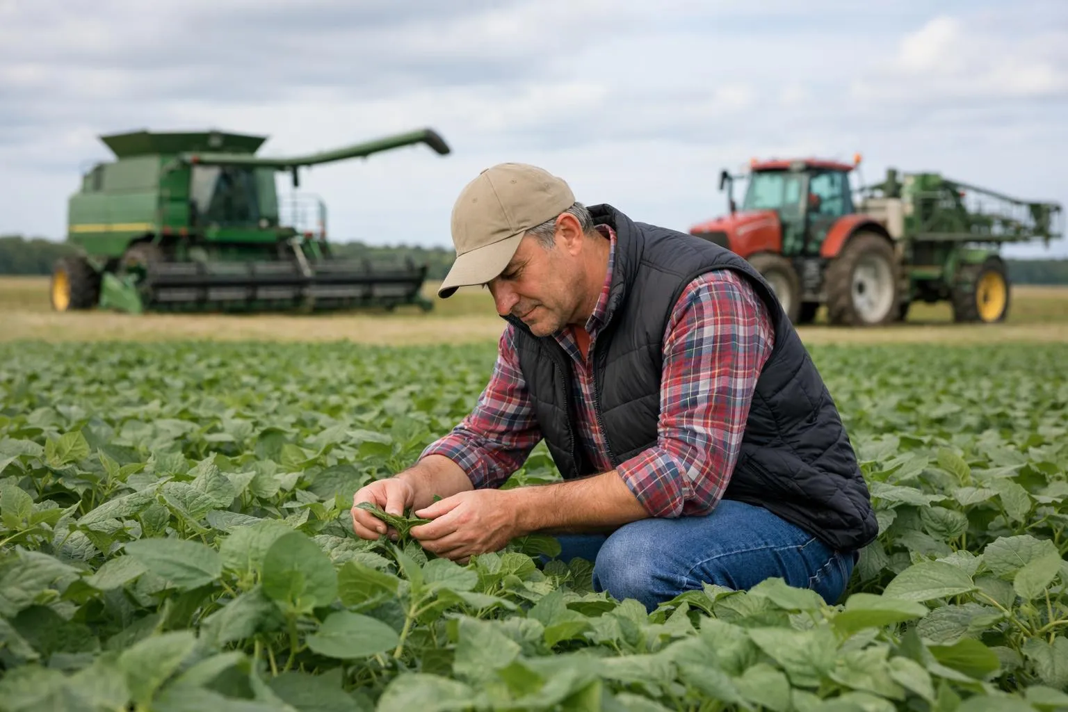 Agriculteur examinant attentivement les plants de culture dans un champ.