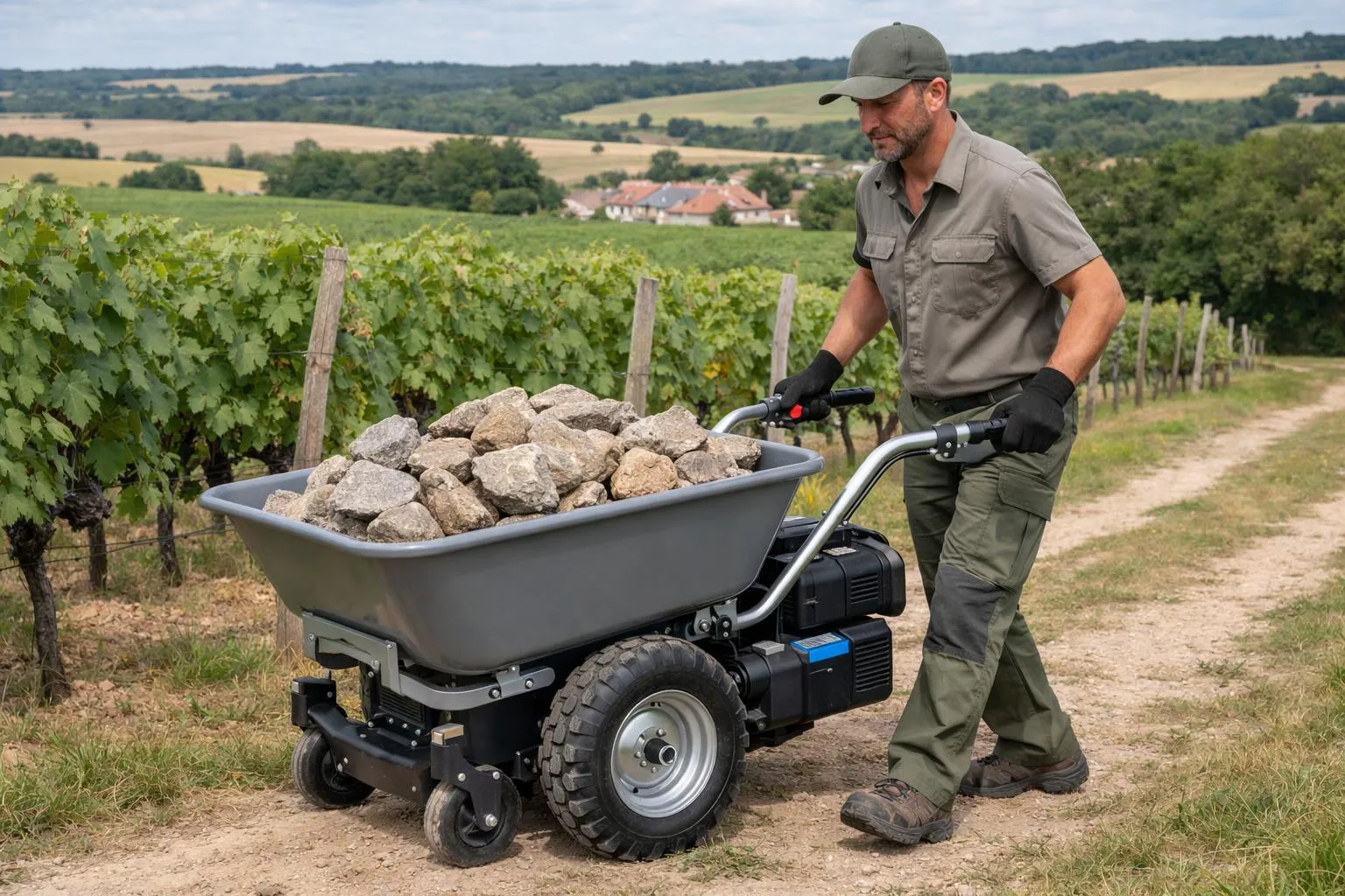 Homme transportant des pierres dans un chariot motorisé dans un vignoble.