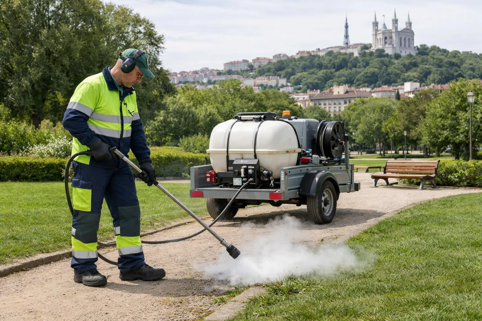 Ouvrier municipal pulvérisant un produit chimique dans un parc urbain.
