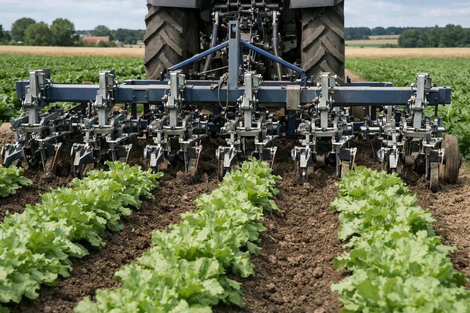 Tracteur agricole équipé d'un cultivateur à dents multiples labourant un champ de laitue.