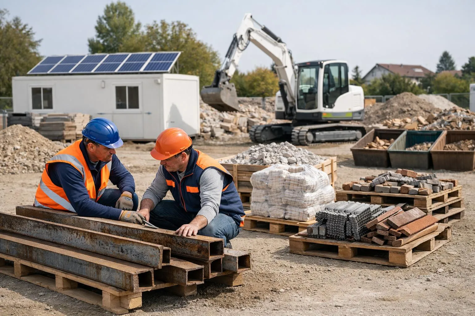 Deux ouvriers en équipement de sécurité sur un chantier de construction avec excavatrice et matériaux.