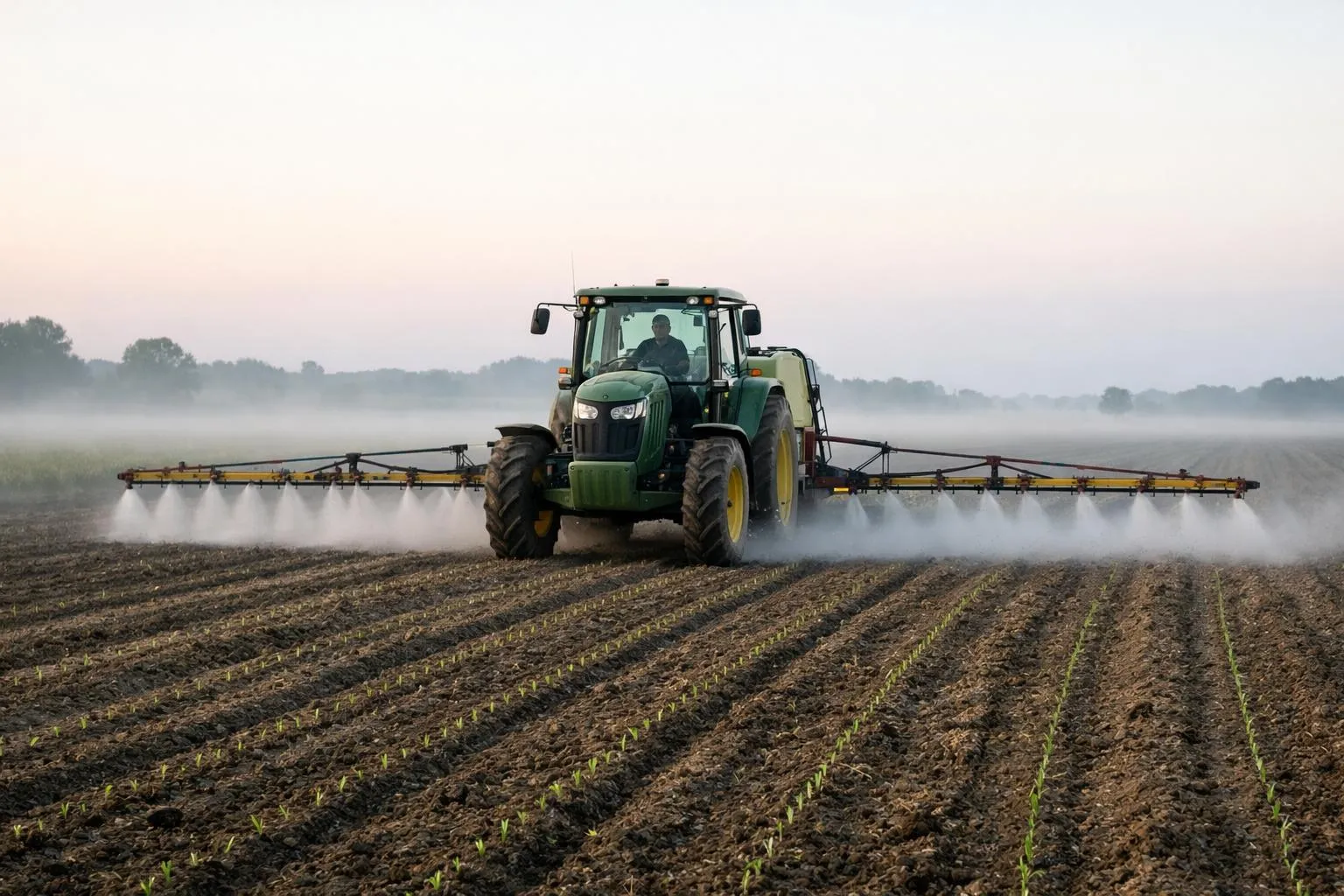Tracteur agricole vert pulvérisant un champ par temps brumeux.